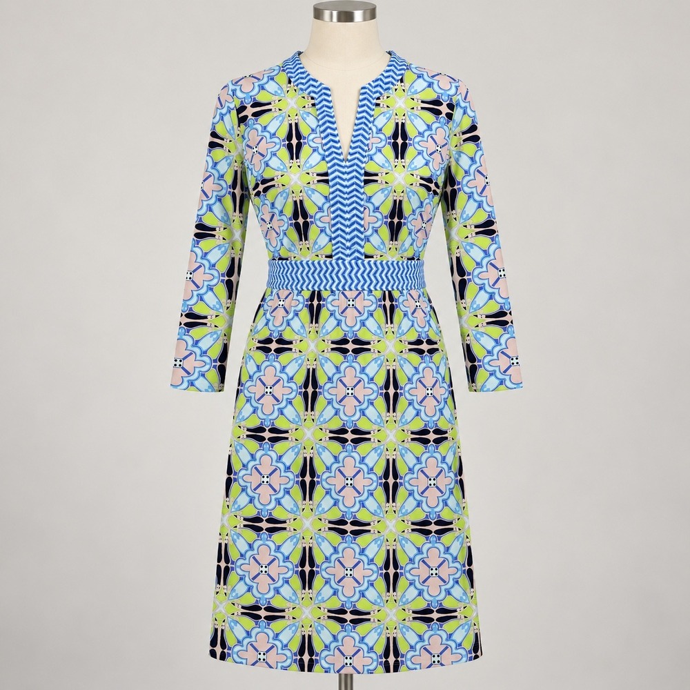J.McLaughlin Dress S Blue Green Geometric Medallion Catalina Cloth 3/4 Sleeve